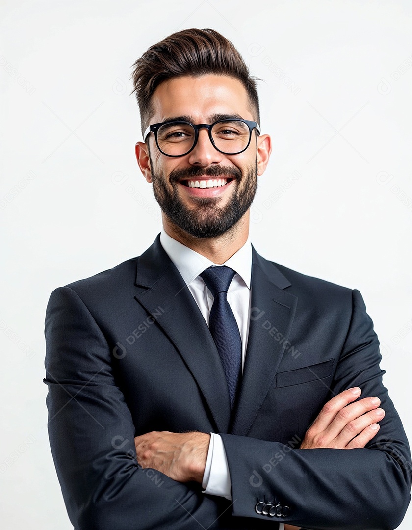 Um retrato de um empresário feliz com os braços cruzados em fundo branco