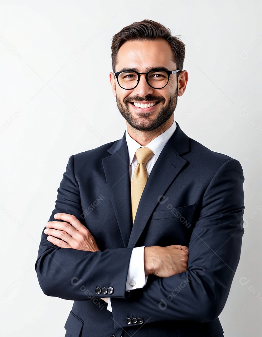 Um retrato de um empresário feliz com os braços cruzados em fundo branco