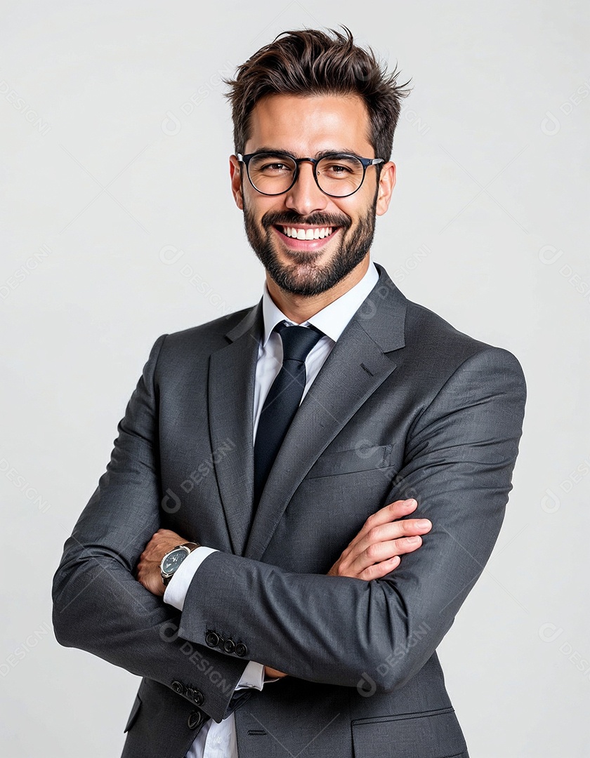 Um retrato de um empresário feliz com os braços cruzados em fundo branco