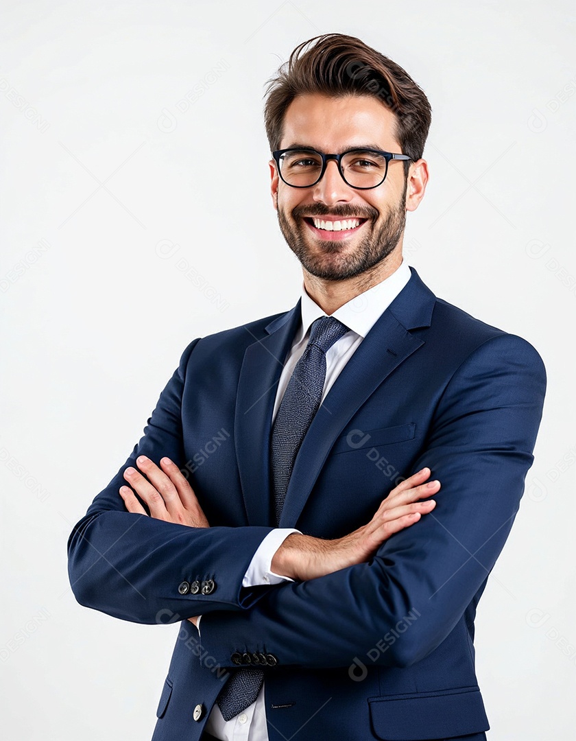 Um retrato de um empresário feliz com os braços cruzados em fundo branco