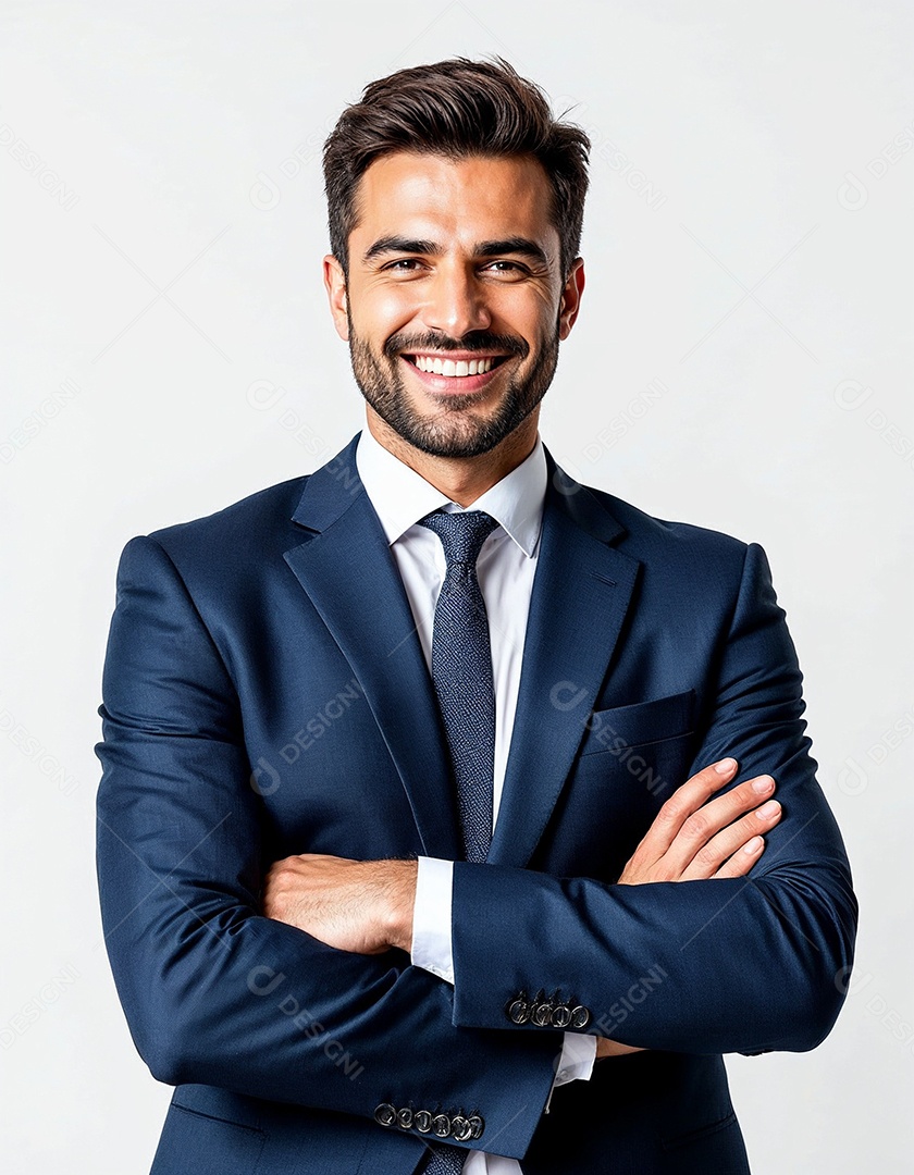 Um retrato de um empresário feliz com os braços cruzados em fundo branco