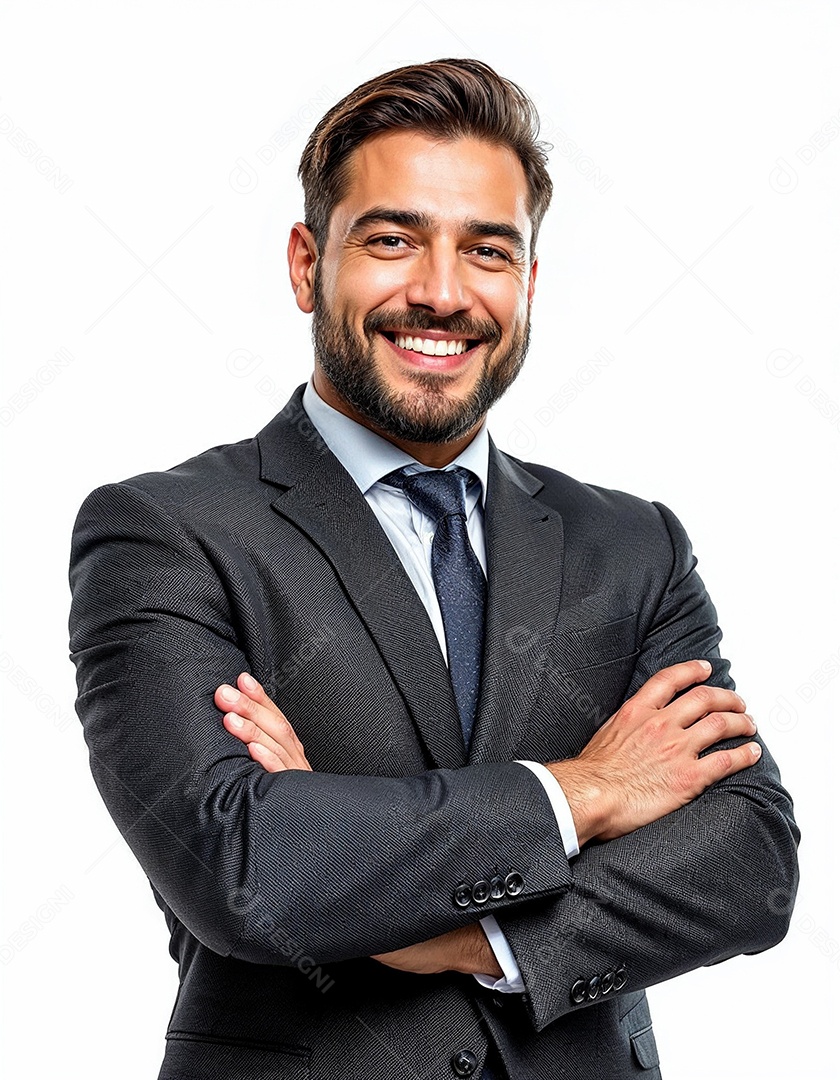 Um retrato de um empresário feliz com os braços cruzados em fundo branco