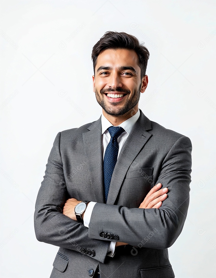 Um retrato de um empresário feliz com os braços cruzados em fundo branco