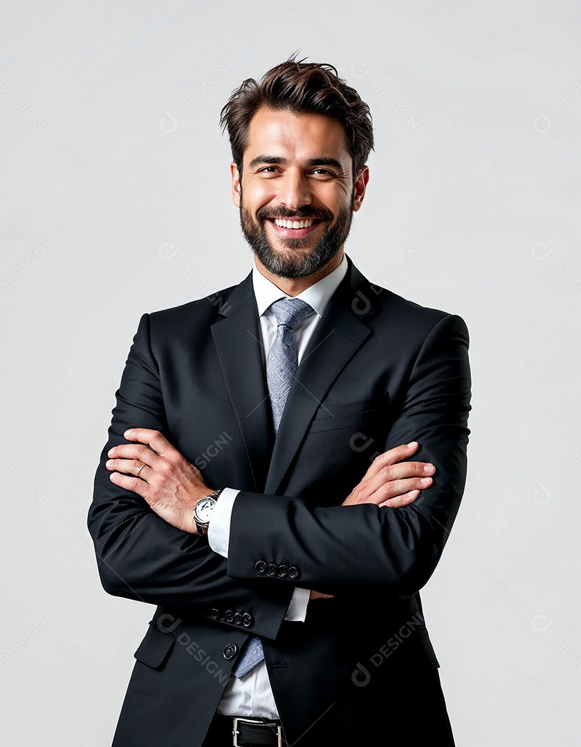 Um retrato de um empresário feliz com os braços cruzados em fundo branco