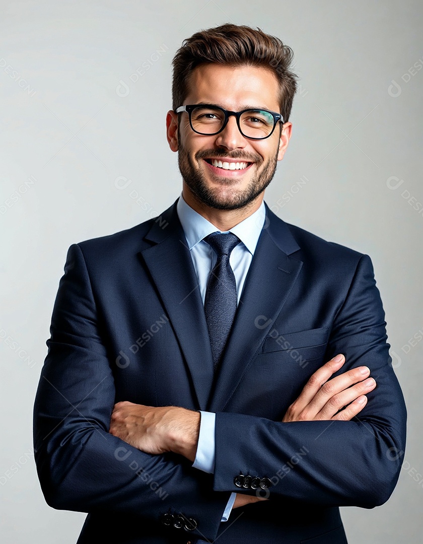 Um retrato de um empresário feliz com os braços cruzados em fundo branco