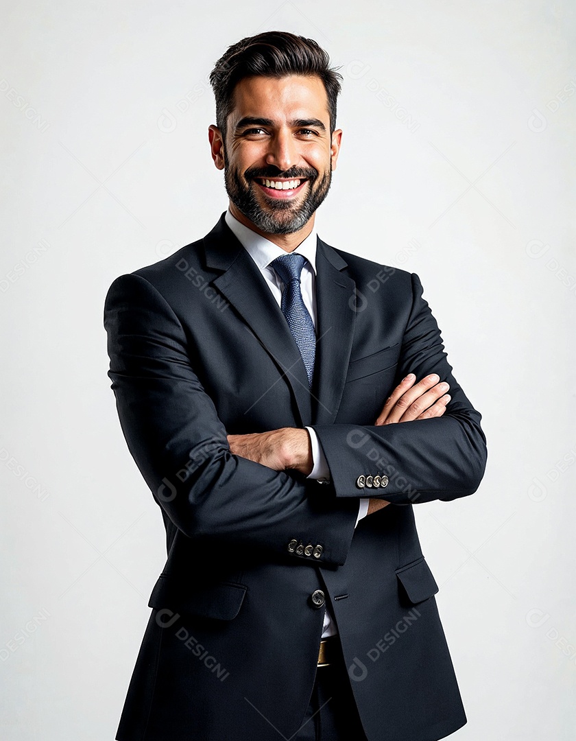 Um retrato de um empresário feliz com os braços cruzados em fundo branco