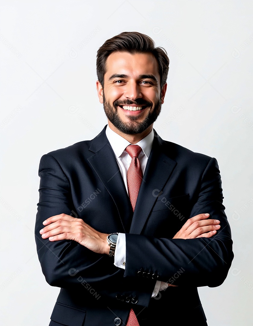 Um retrato de um empresário feliz com os braços cruzados em fundo branco