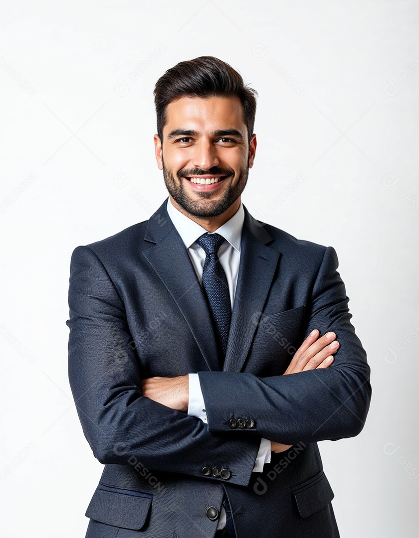 Um retrato de um empresário feliz com os braços cruzados em fundo branco