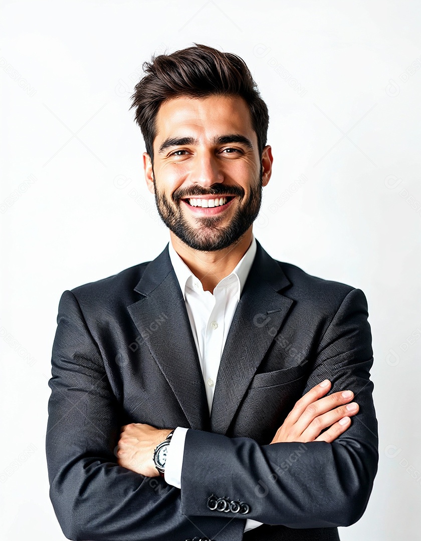 Um retrato de um empresário feliz com os braços cruzados em fundo branco
