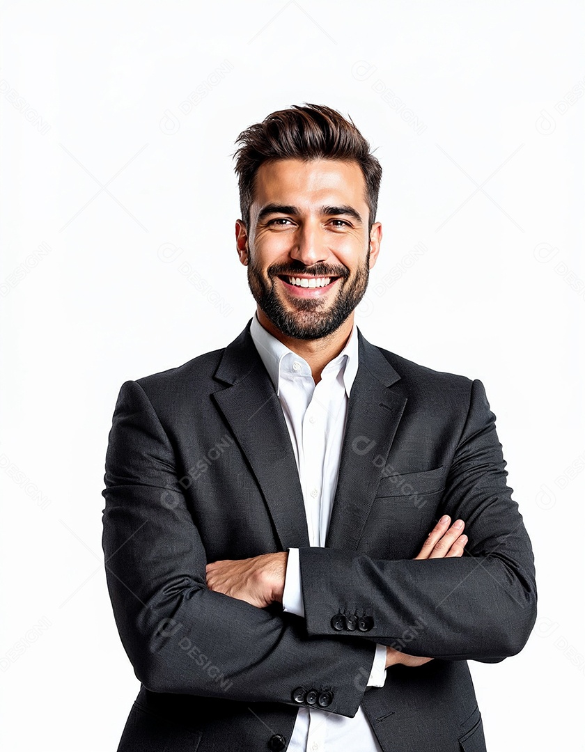 Um retrato de um empresário feliz com os braços cruzados em fundo branco