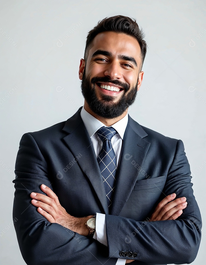 Um retrato de um empresário feliz com os braços cruzados em fundo branco