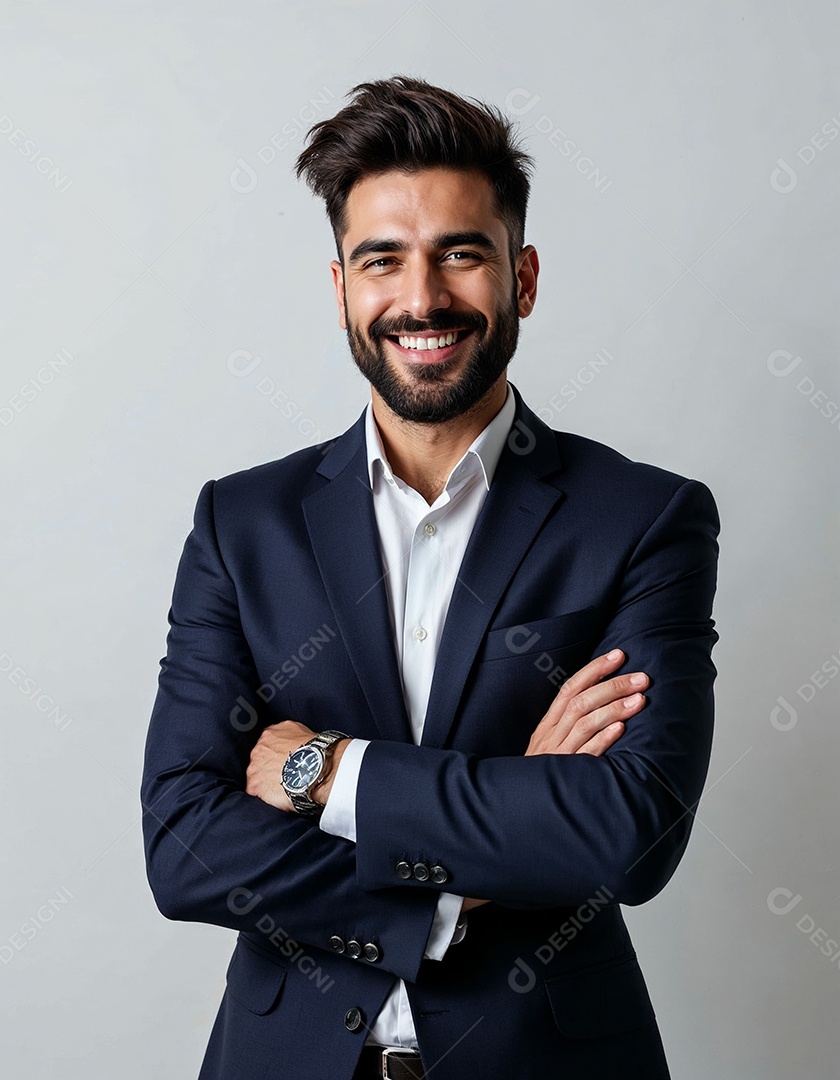 Um retrato de um empresário feliz com os braços cruzados em fundo branco