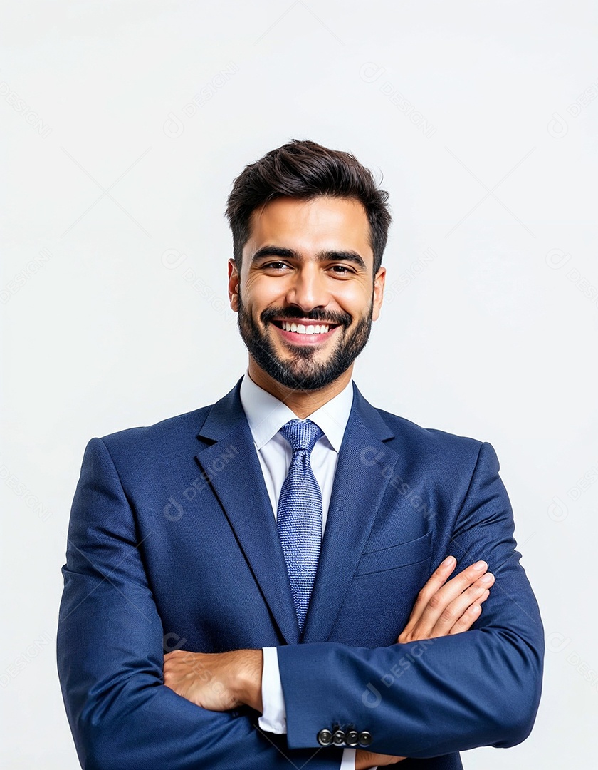 Um retrato de um empresário feliz com os braços cruzados em fundo branco