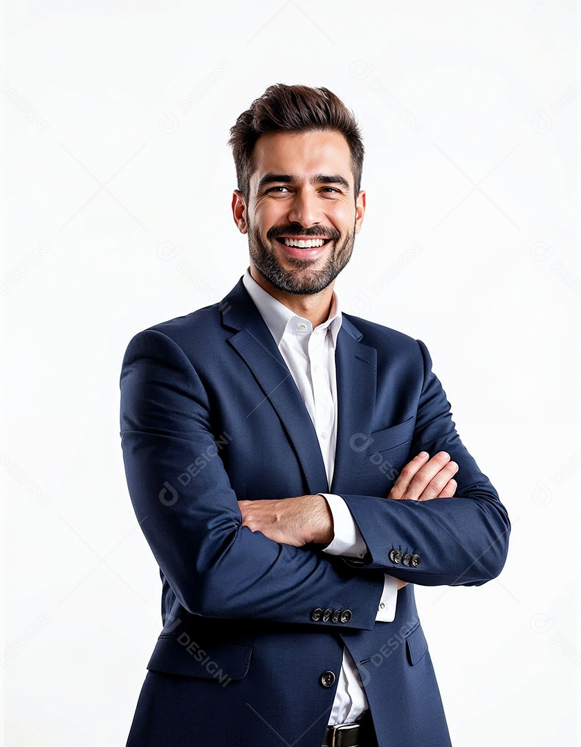 Um retrato de um empresário feliz com os braços cruzados em fundo branco