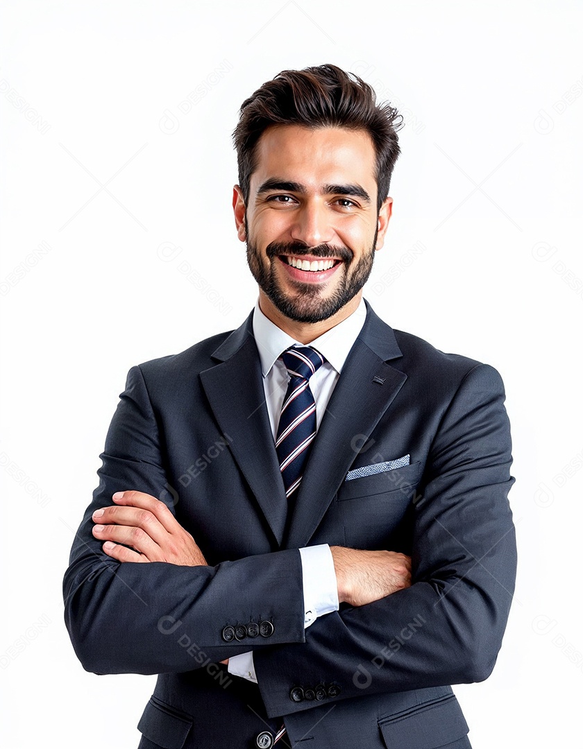 Um retrato de um empresário feliz com os braços cruzados em fundo branco
