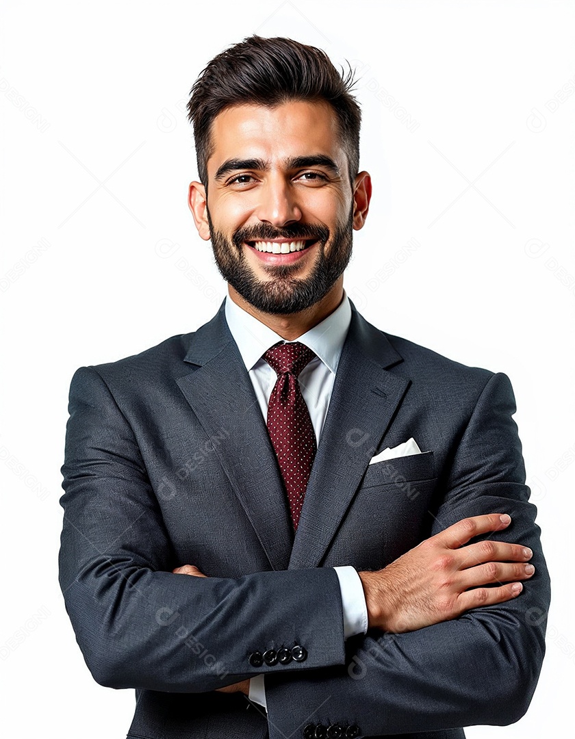 Um retrato de um empresário feliz com os braços cruzados em fundo branco