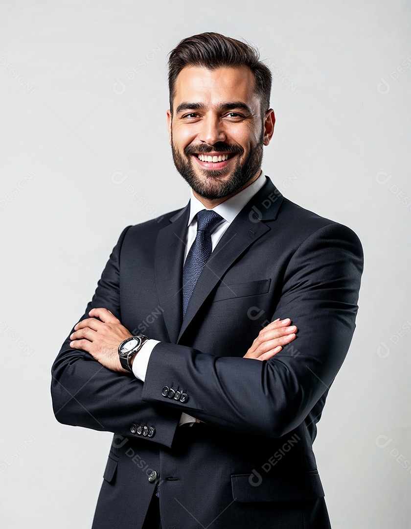 Um retrato de um empresário feliz com os braços cruzados em fundo branco