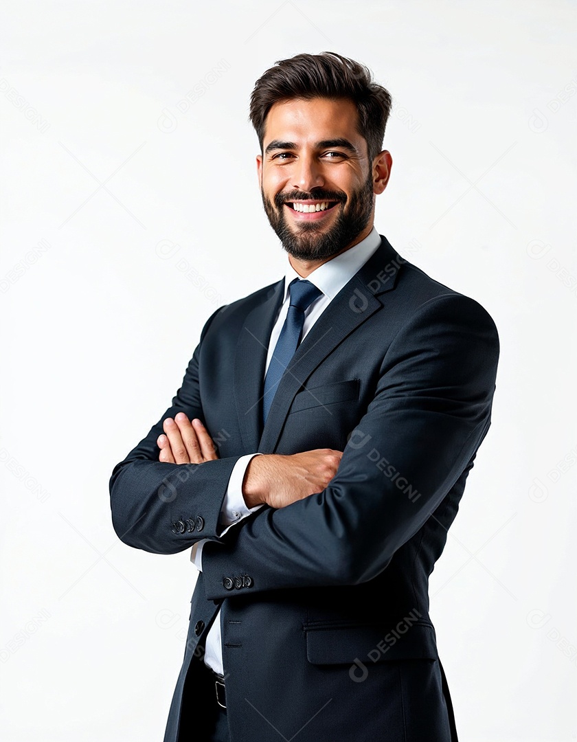 Um retrato de um empresário feliz com os braços cruzados em fundo branco