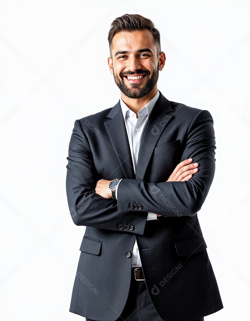 Um retrato de um empresário feliz com os braços cruzados em fundo branco