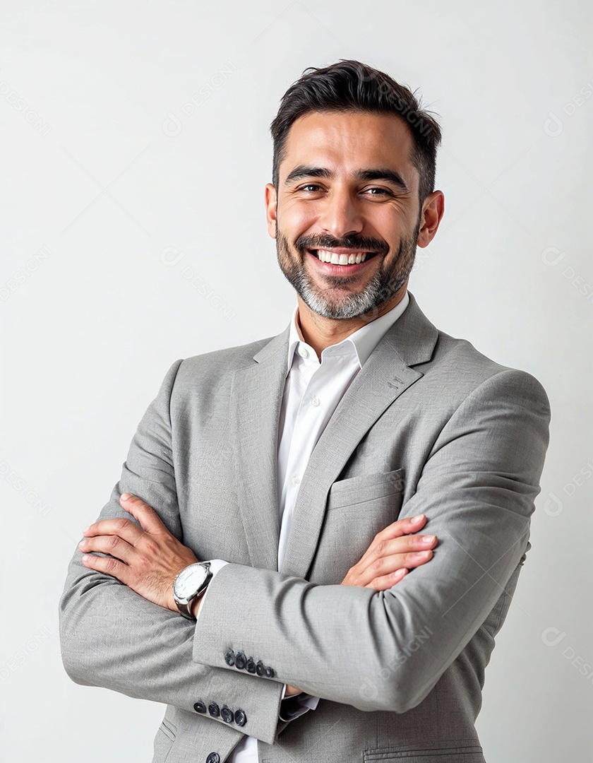 Um retrato de um empresário feliz com os braços cruzados em fundo branco