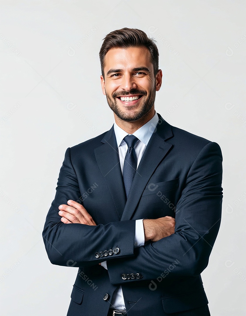 Um retrato de um empresário feliz com os braços cruzados em fundo branco