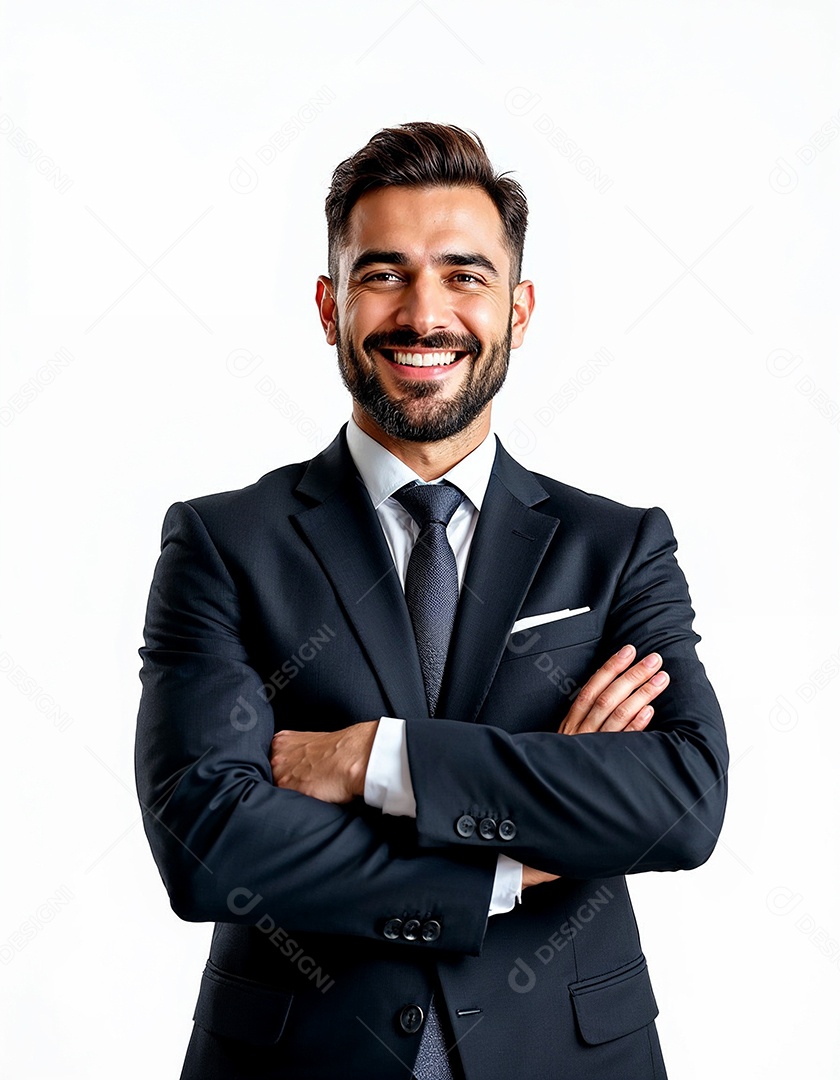 Um retrato de um empresário feliz com os braços cruzados em fundo branco