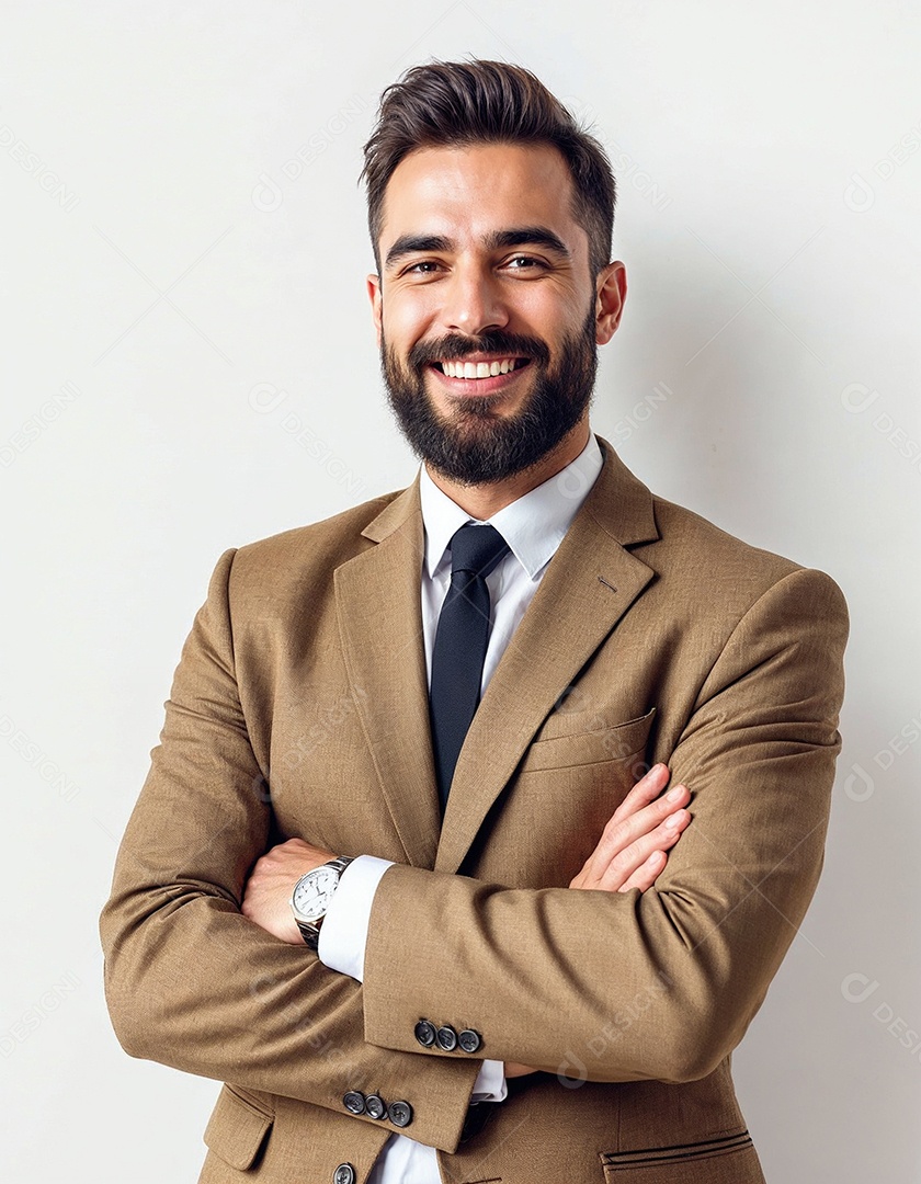 Um retrato de um empresário feliz com os braços cruzados em fundo branco