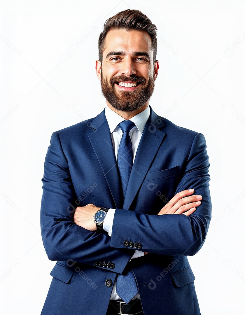 Um retrato de um empresário feliz com os braços cruzados em fundo branco