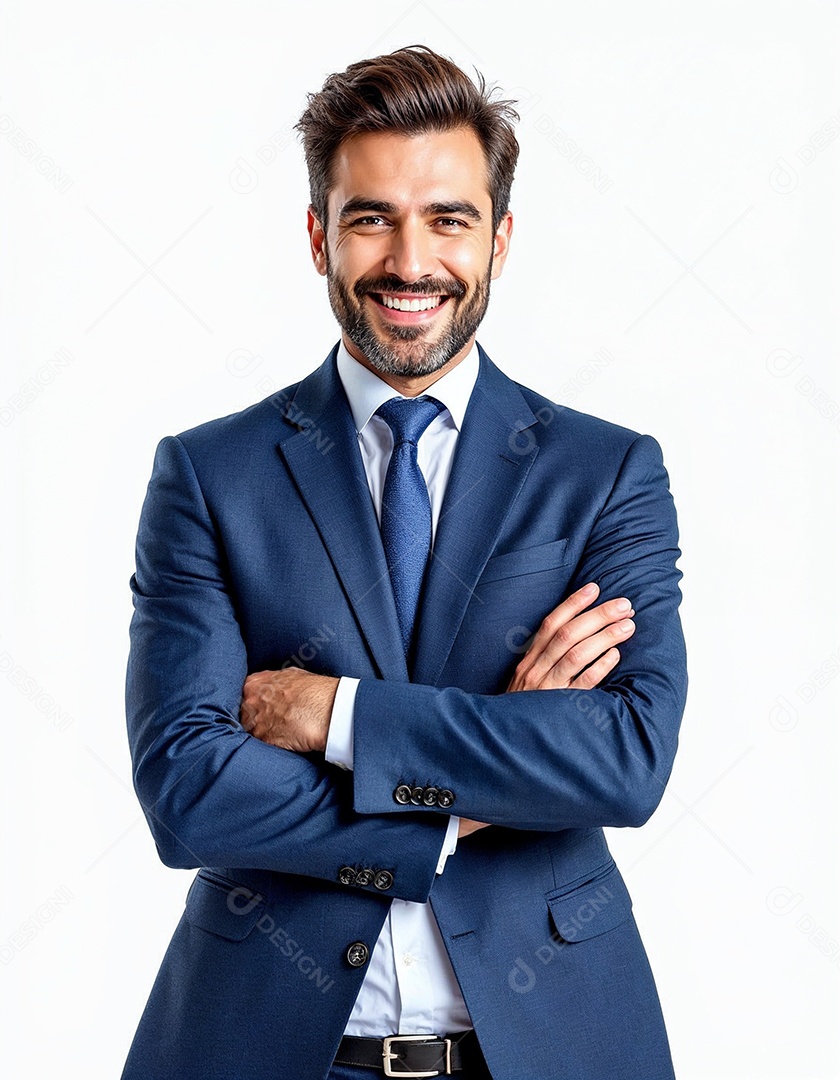 Um retrato de um empresário feliz com os braços cruzados em fundo branco