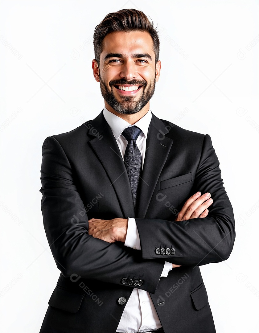 Um retrato de um empresário feliz com os braços cruzados em fundo branco