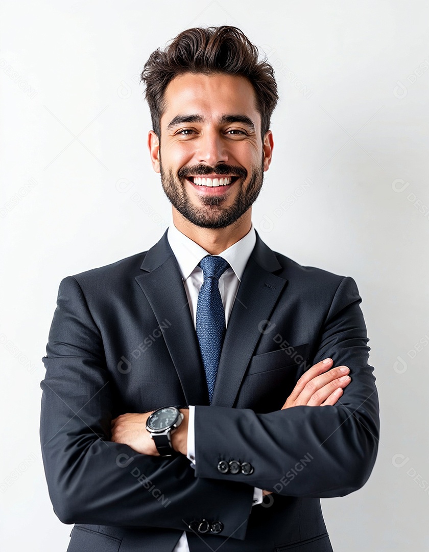Um retrato de um empresário feliz com os braços cruzados em fundo branco