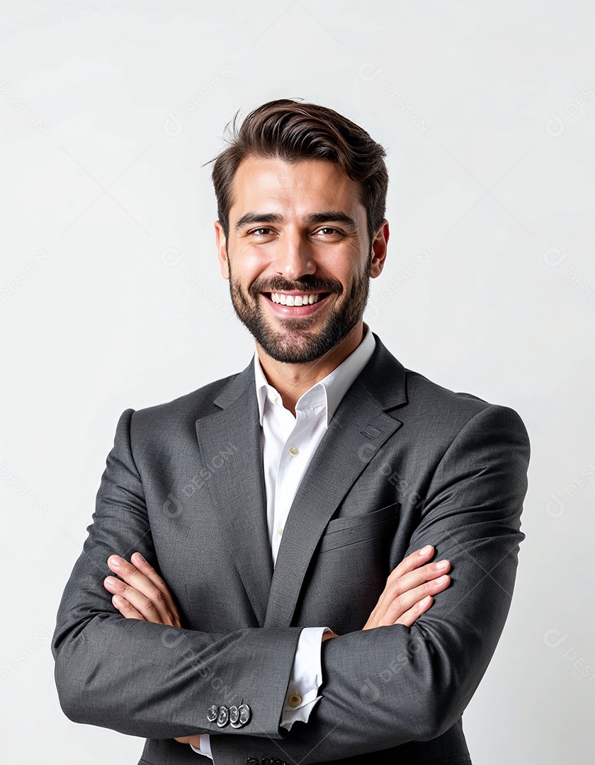 Um retrato de um empresário feliz com os braços cruzados em fundo branco