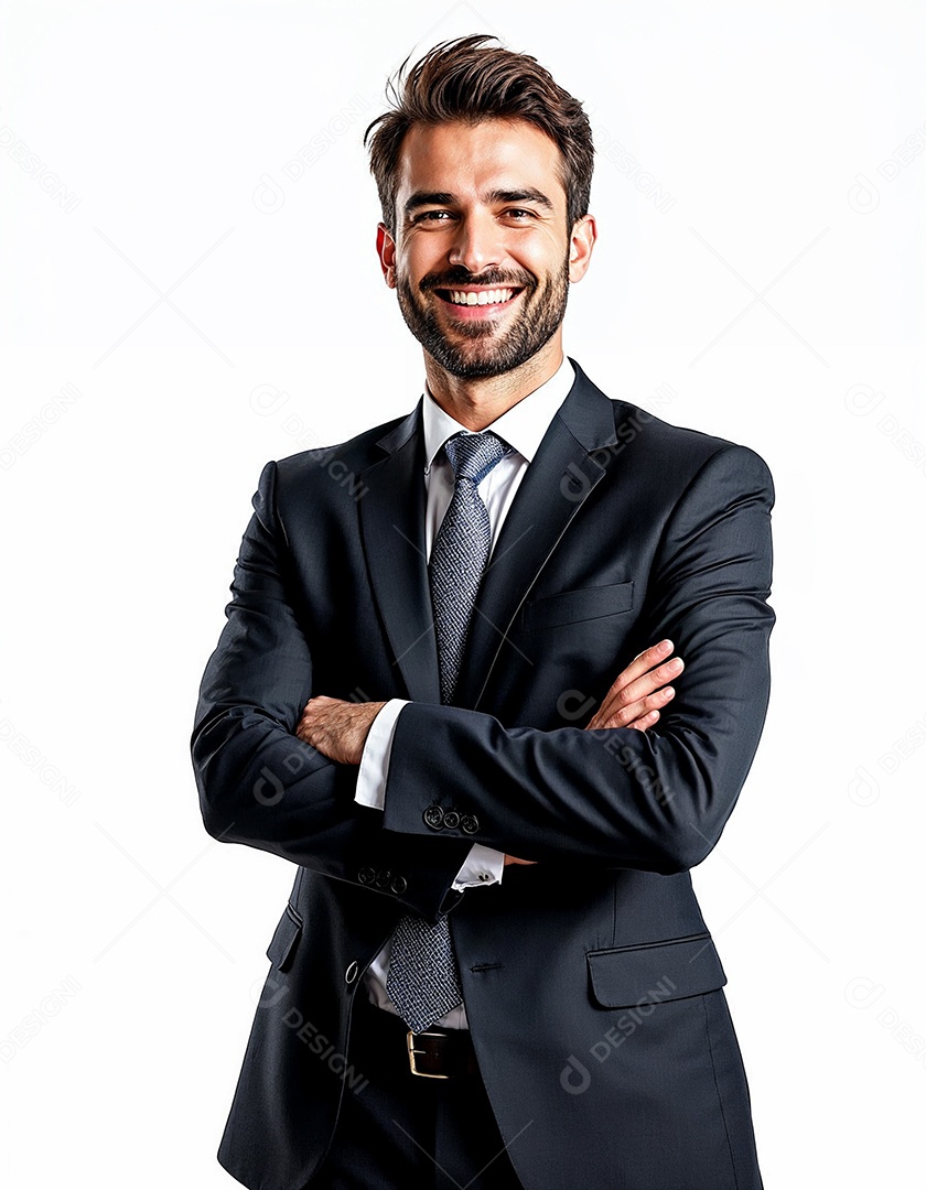 Um retrato de um empresário feliz com os braços cruzados em fundo branco