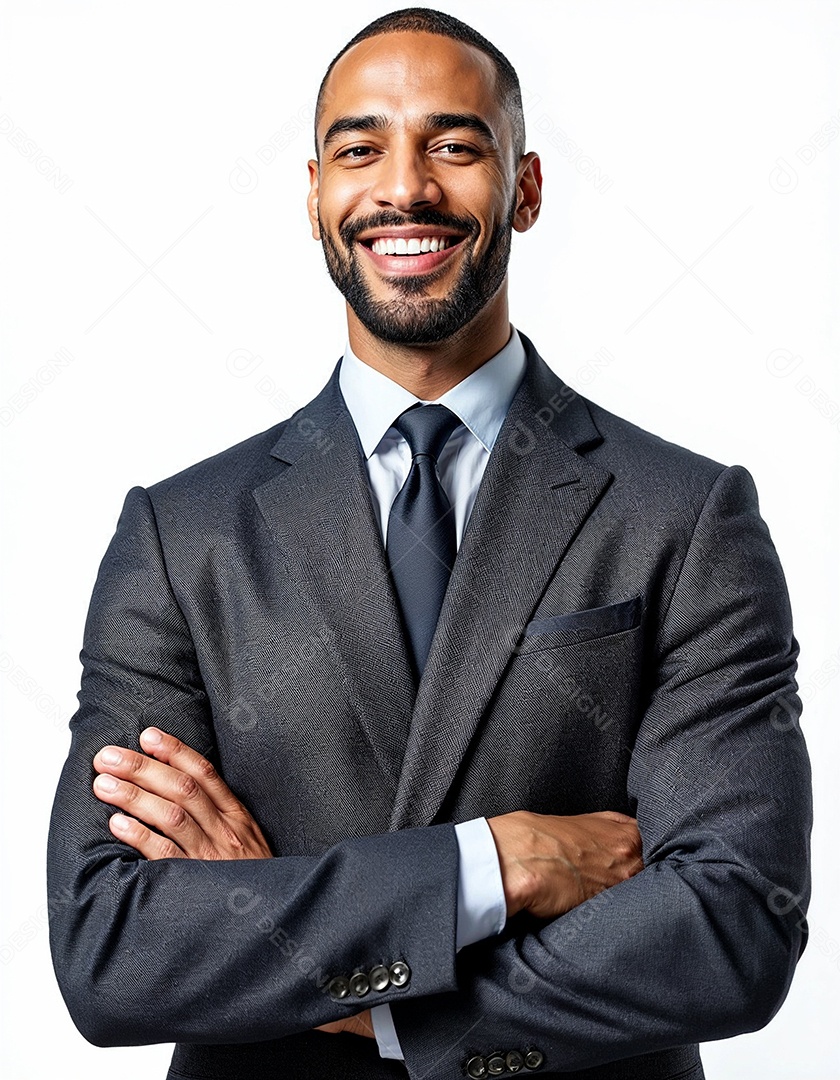 Um retrato de um empresário feliz com os braços cruzados em fundo branco