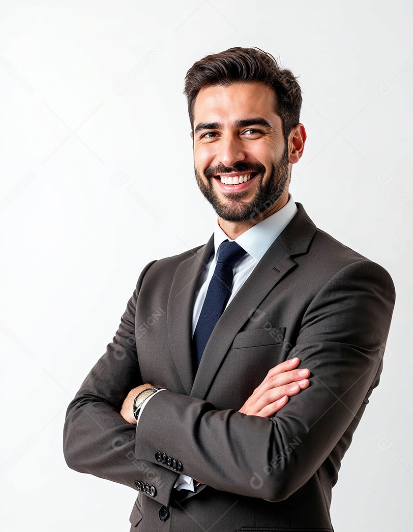 Um retrato de um empresário feliz com os braços cruzados em fundo branco