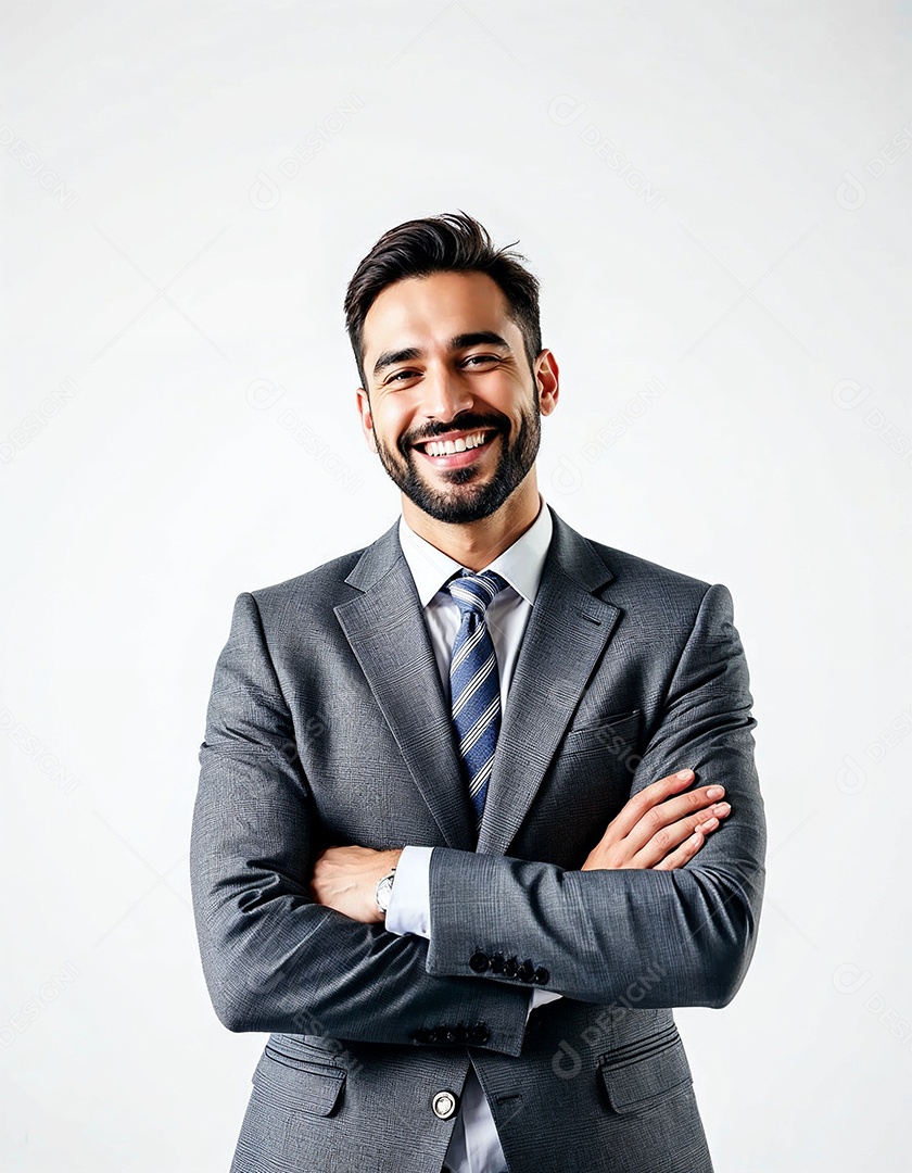 Um retrato de um empresário feliz com os braços cruzados em fundo branco
