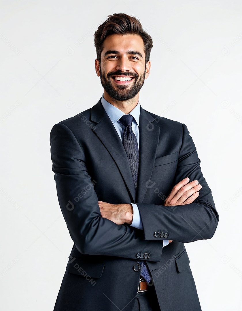 Um retrato de um empresário feliz com os braços cruzados em fundo branco