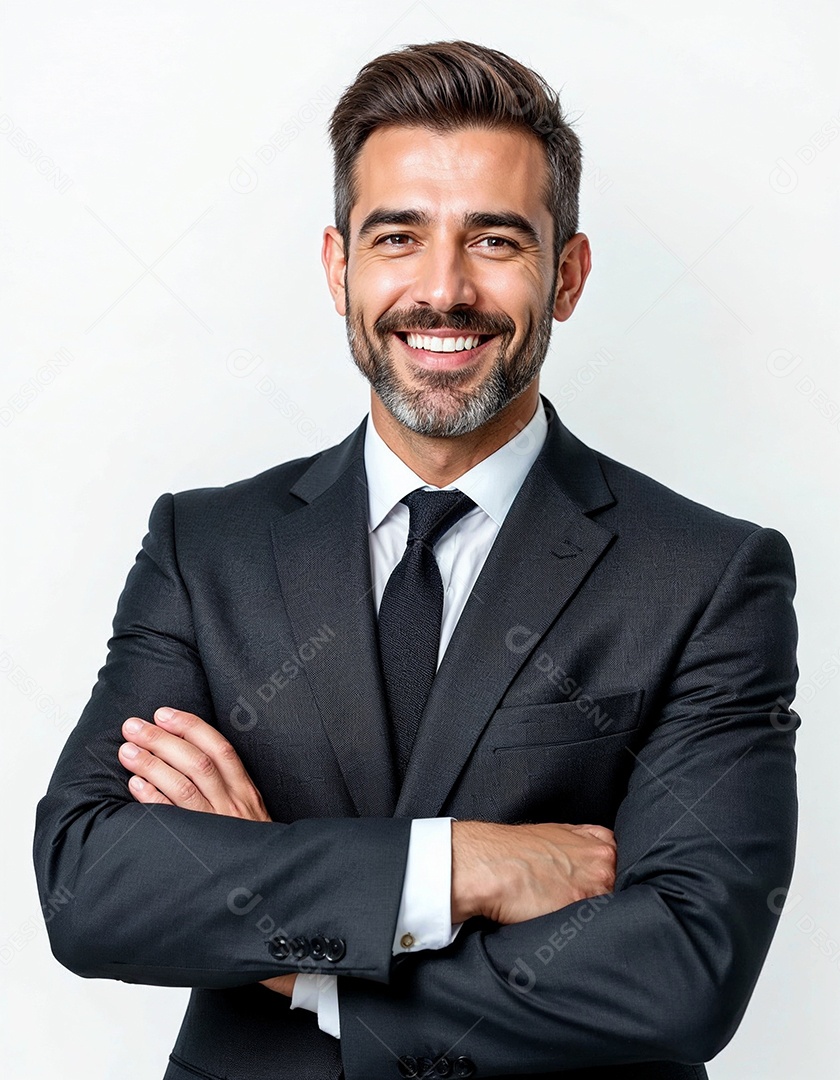Um retrato de um empresário feliz com os braços cruzados em fundo branco