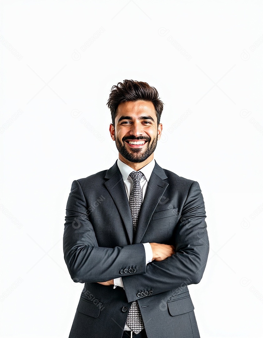 Um retrato de um empresário feliz com os braços cruzados em fundo branco