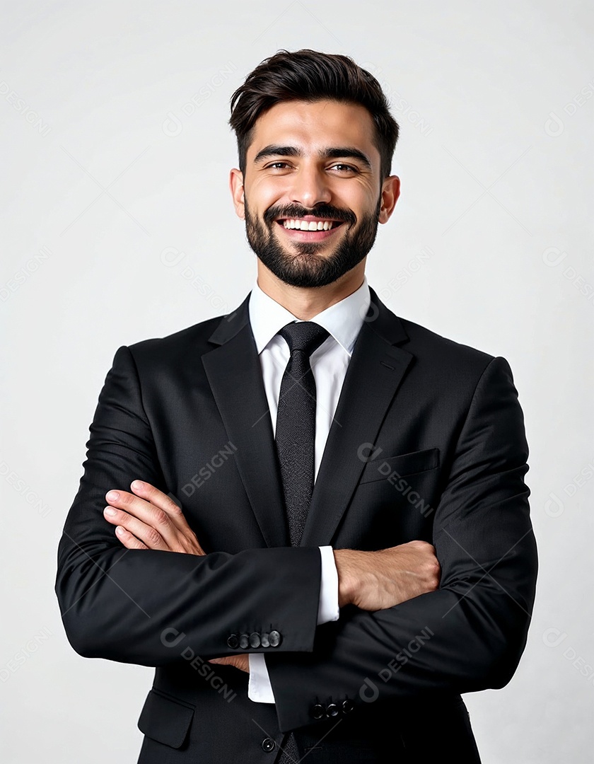 Um retrato de um empresário feliz com os braços cruzados em fundo branco