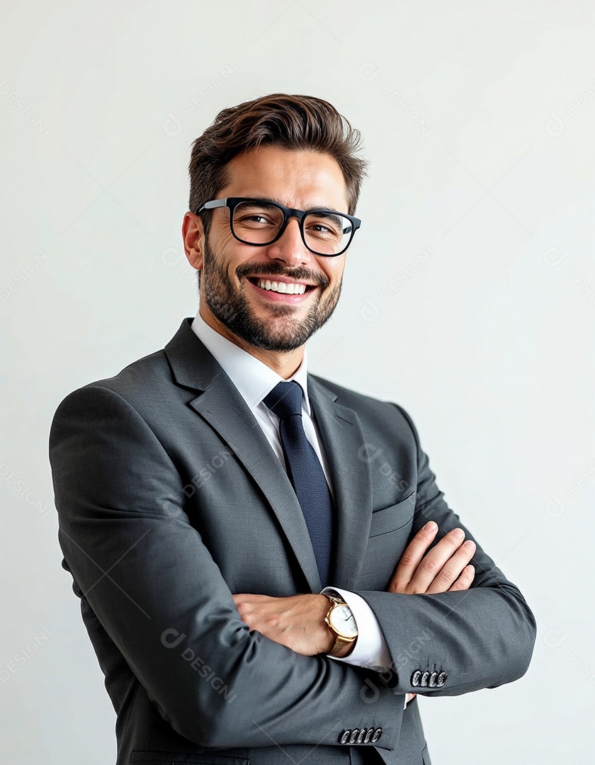 Um retrato de um empresário feliz com os braços cruzados em fundo branco