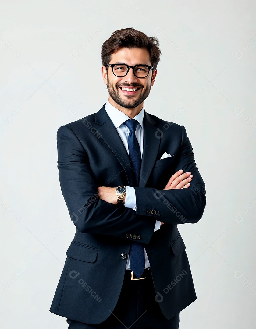 Um retrato de um empresário feliz com os braços cruzados em fundo branco