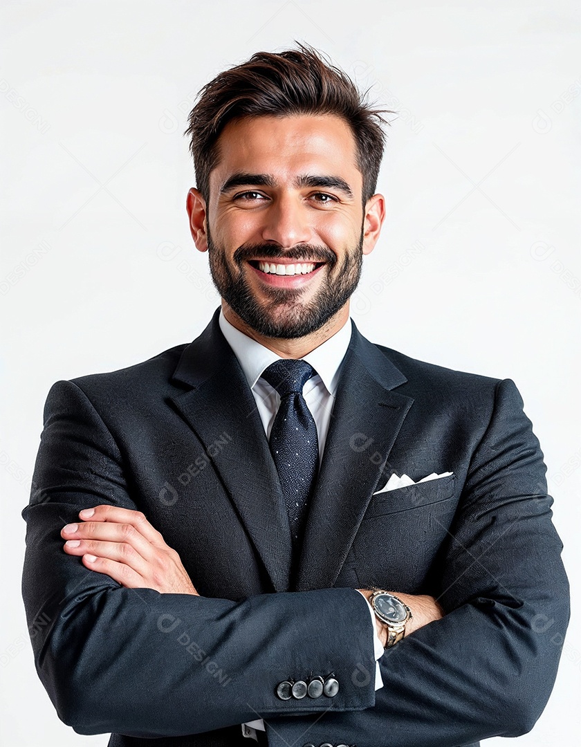 Um retrato de um empresário feliz com os braços cruzados em fundo branco