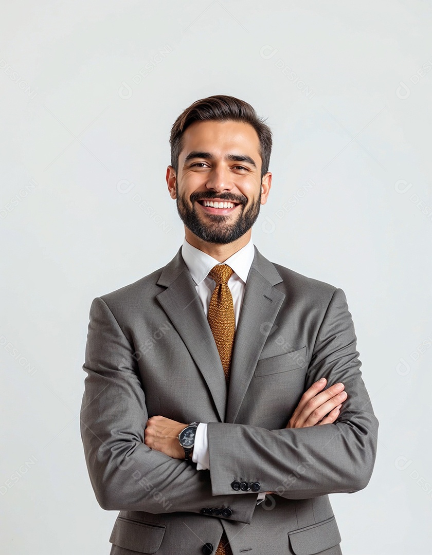 Um retrato de um empresário feliz com os braços cruzados em fundo branco