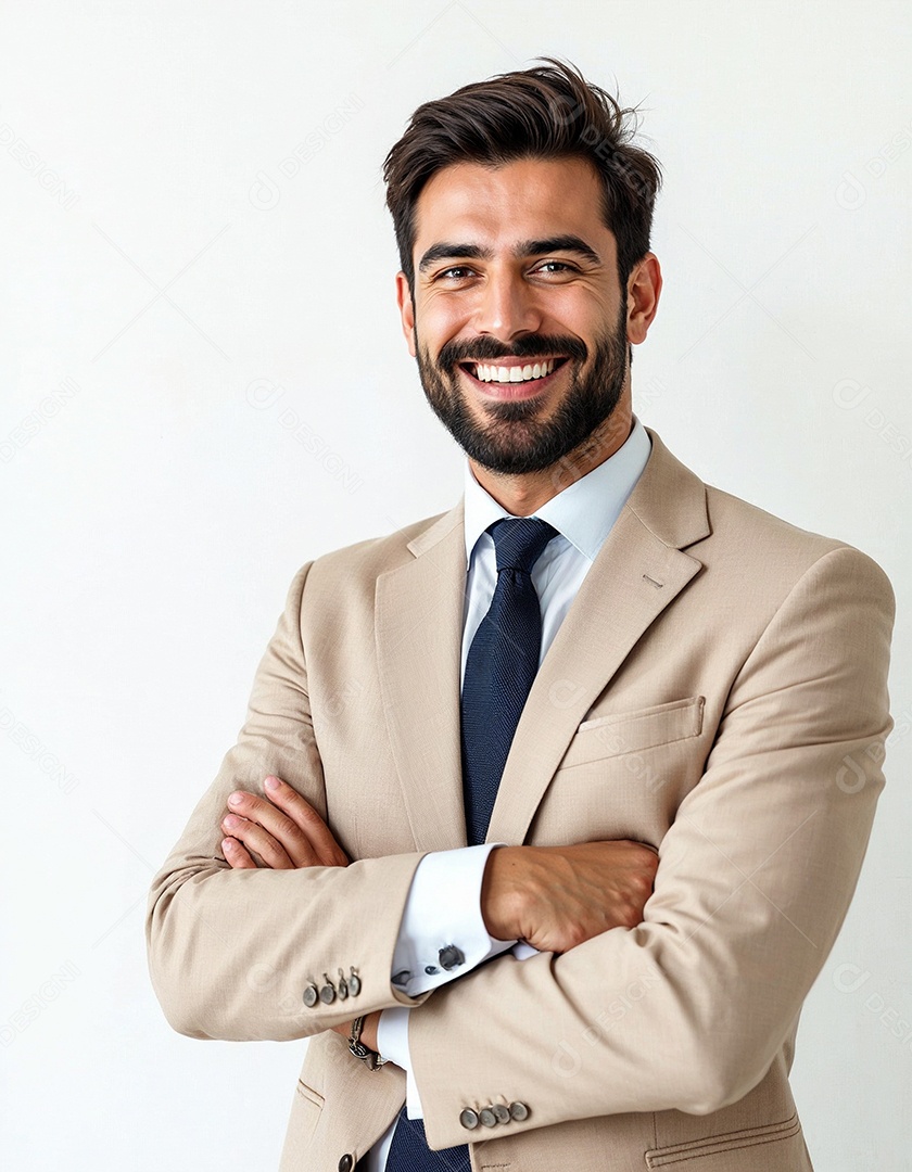 Um retrato de um empresário feliz com os braços cruzados em fundo branco