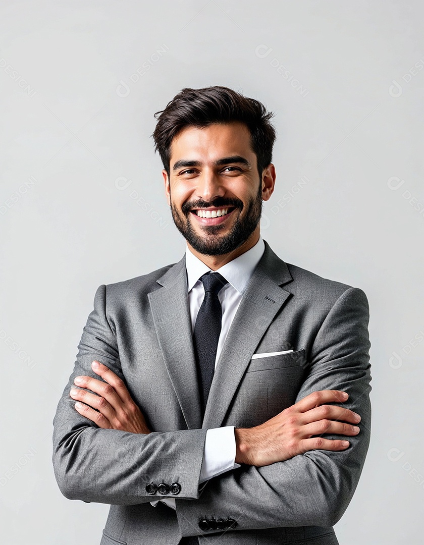 Um retrato de um empresário feliz com os braços cruzados em fundo branco