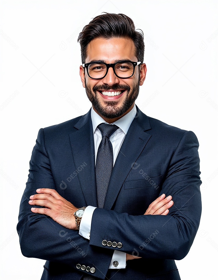 Um retrato de um empresário feliz com os braços cruzados em fundo branco