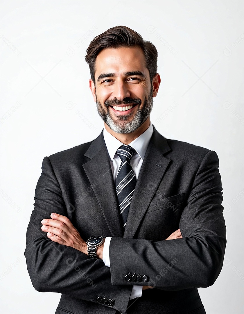 Um retrato de um empresário feliz com os braços cruzados em fundo branco