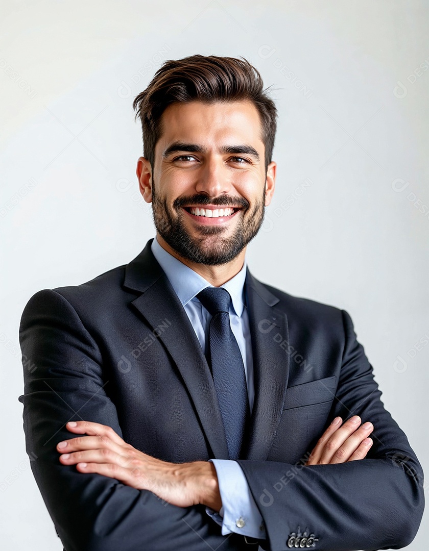 Um retrato de um empresário feliz com os braços cruzados em fundo branco