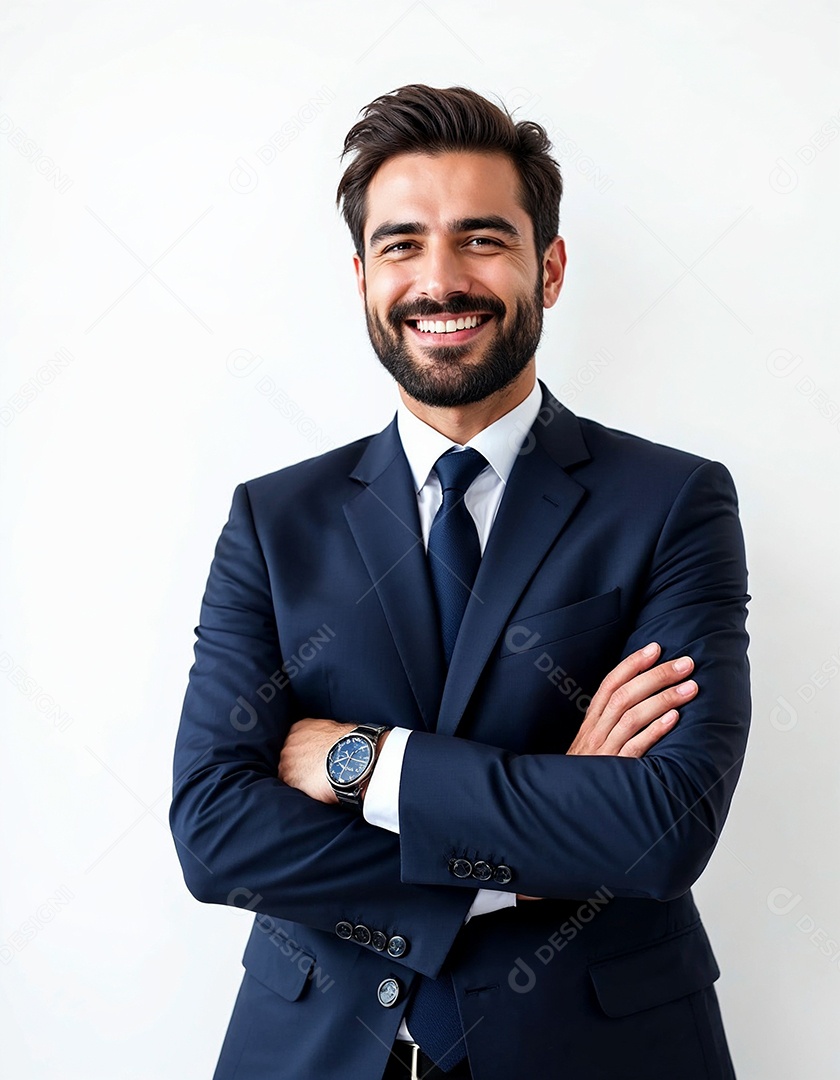 Um retrato de um empresário feliz com os braços cruzados em fundo branco
